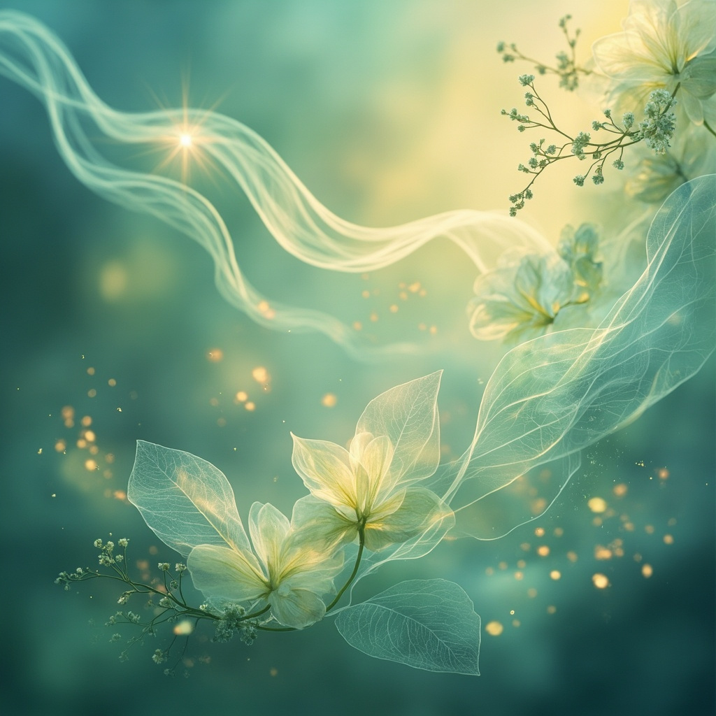 A serene, abstract representation of flowing energy lines merging with soft, ethereal botanical elements, using a palette of calming blues, soft greens, and warm golden light to symbolize breath and vitality.