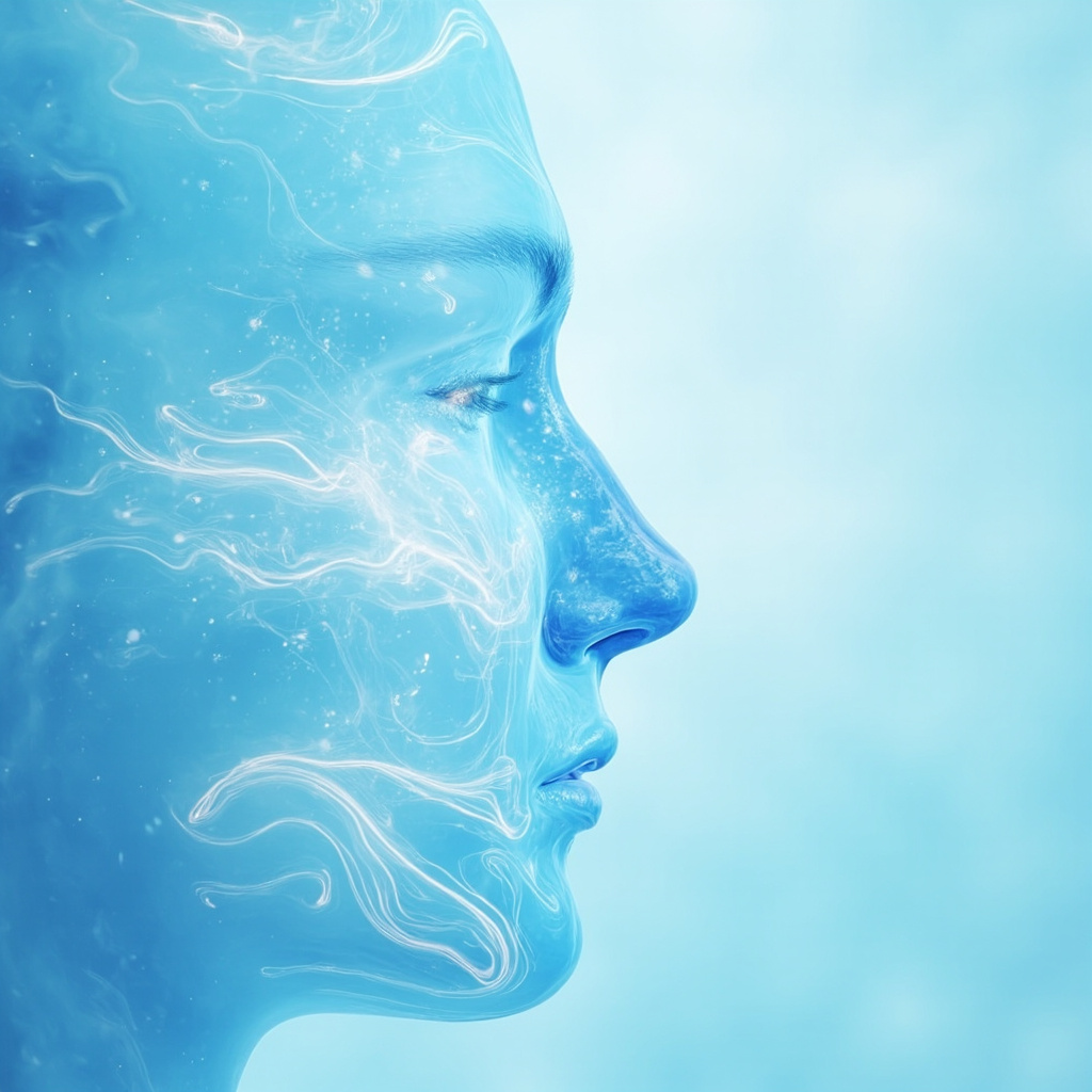 A serene, abstract representation of clear, flowing energy moving through the sinus area, using soft blues and whites to evoke a sense of open breathing and lightness.
