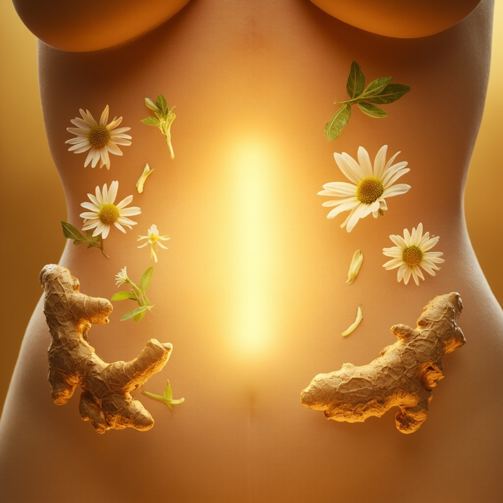 A calming, artistic representation of a serene stomach area with soft, glowing light, surrounded by gentle, natural aromatic herbs like ginger root and chamomile flowers in a soothing, balanced composition.