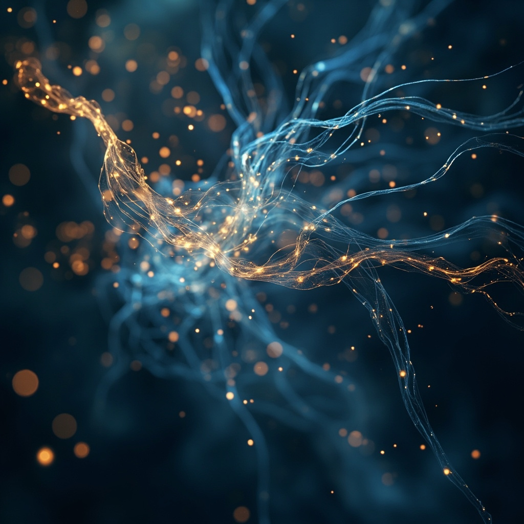 A serene, abstract representation of flowing light connecting with the human nervous system, soft blue and golden tones, ethereal and calming atmosphere.