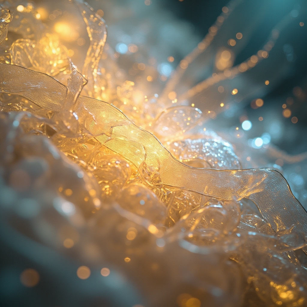 A serene, abstract representation of flowing light connecting muscle fibers to bone structures, soft blue and golden tones, high quality, meditative atmosphere.