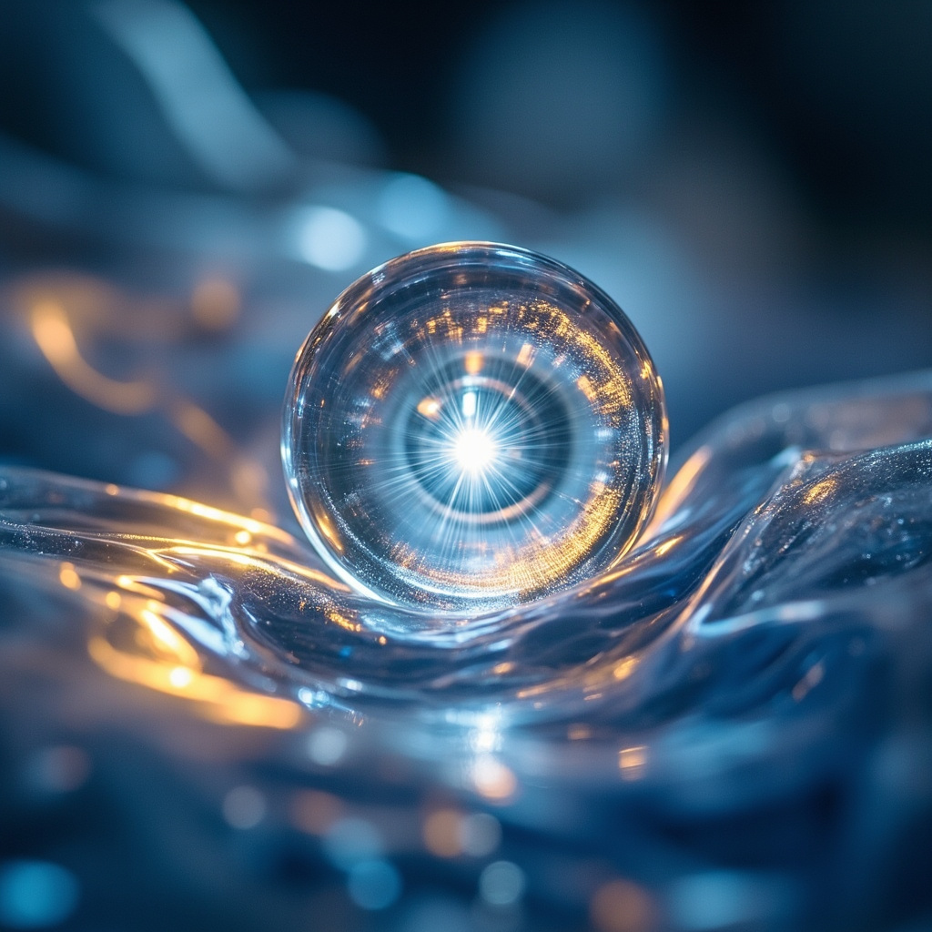 A soft, artistic representation of a human eye with light rays focusing through a crystalline lens, surrounded by gentle, calming energy waves in shades of blue and gold.