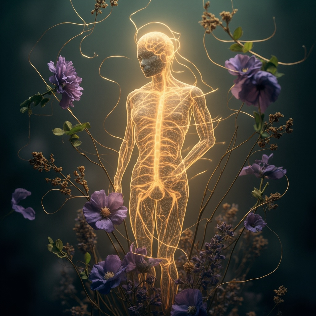 A serene, artistic representation of a calm, glowing nervous system silhouette surrounded by soft, flowing lavender and botanical elements, emphasizing balance and inner peace.