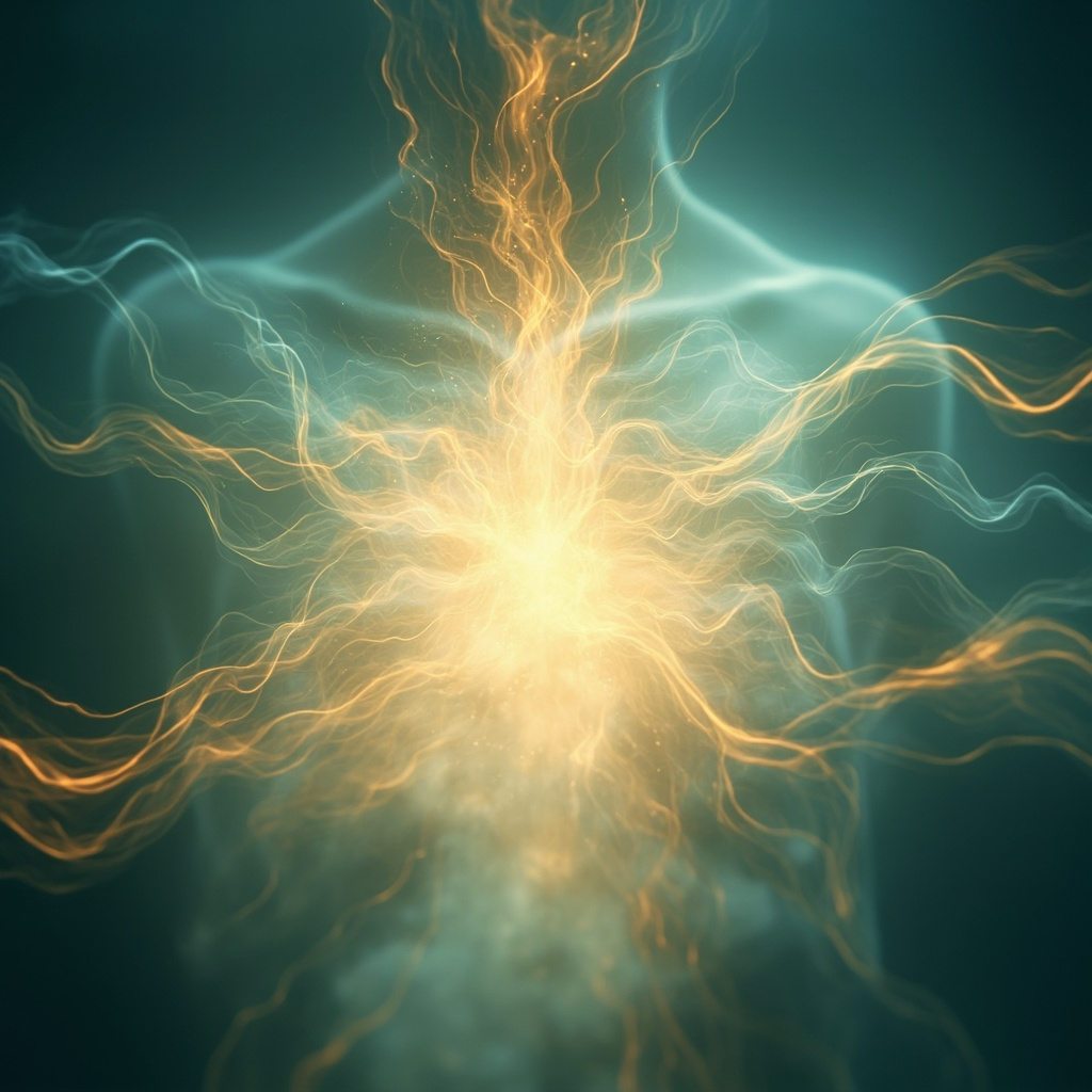 A serene, abstract representation of light and rhythm in the chest area, showing an expansion of energy and soft, flowing breath patterns.