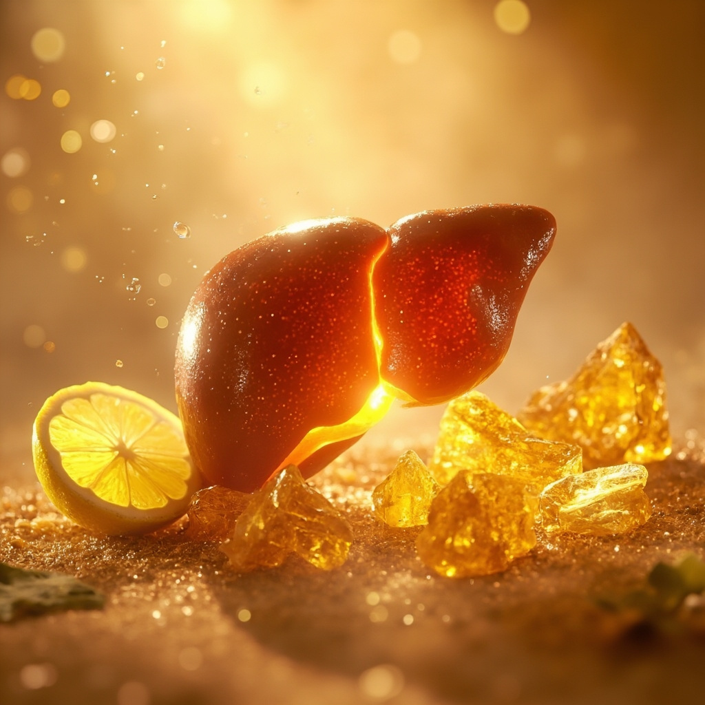 A serene, artistic representation of a healthy liver surrounded by soft, glowing light and aromatic botanical elements like lemon slices and frankincense resin, representing balance and natural healing.