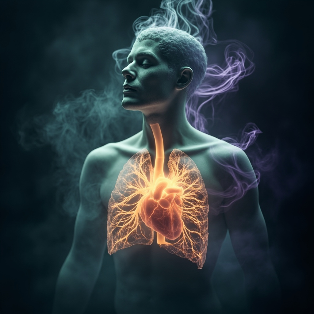 A serene, artistic representation of a glowing heart and lung area within a human silhouette, surrounded by soft, ethereal light and aromatic botanical wisps like frankincense and lavender, high quality, soft focus, calming colors.
