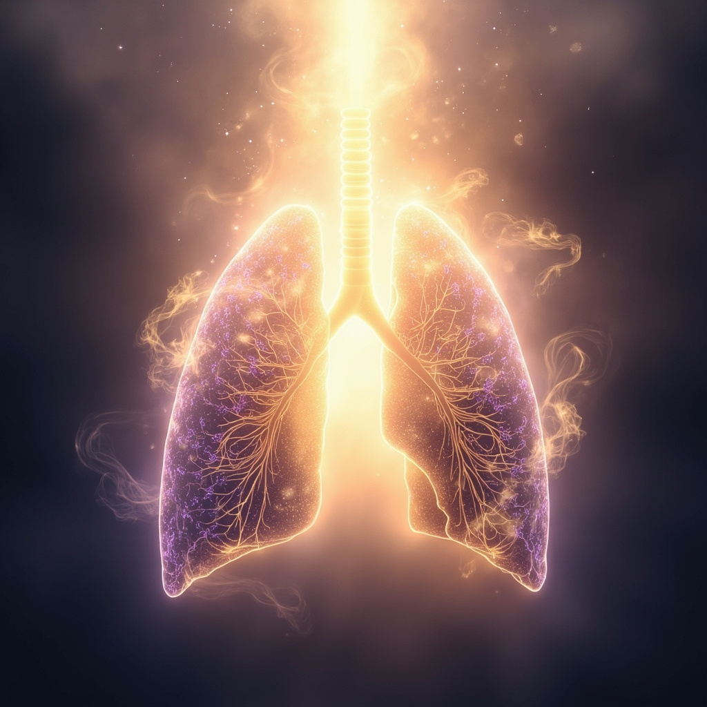 A serene, artistic representation of a soft, glowing light expanding from the center of human lungs, surrounded by gentle, ethereal botanical wisps of lavender and frankincense, soft lighting, high quality, meditative atmosphere.