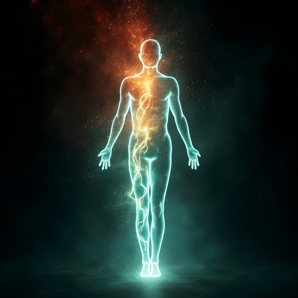 A serene, abstract artistic representation of light frequencies flowing through a human silhouette, symbolizing the shift from internal agitation to calm and systemic balance.