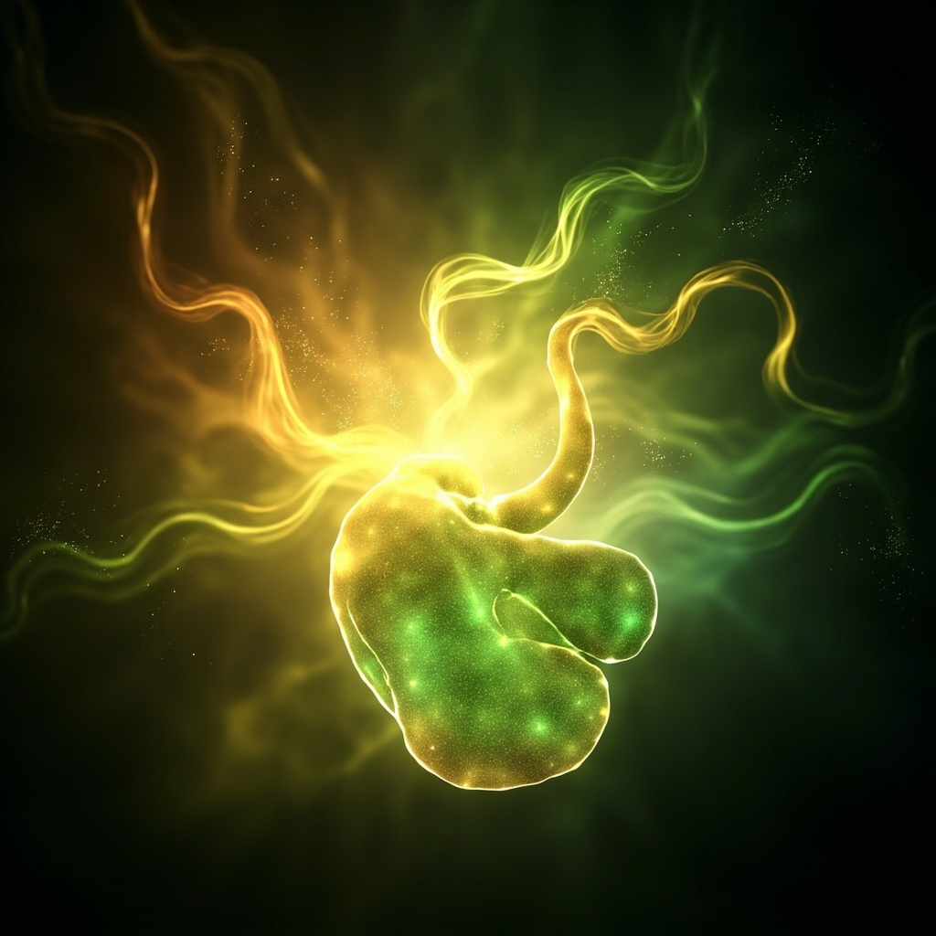A soft, artistic representation of a balanced, glowing gallbladder silhouette surrounded by flowing, harmonious light patterns, symbolizing energy and digestive vitality.