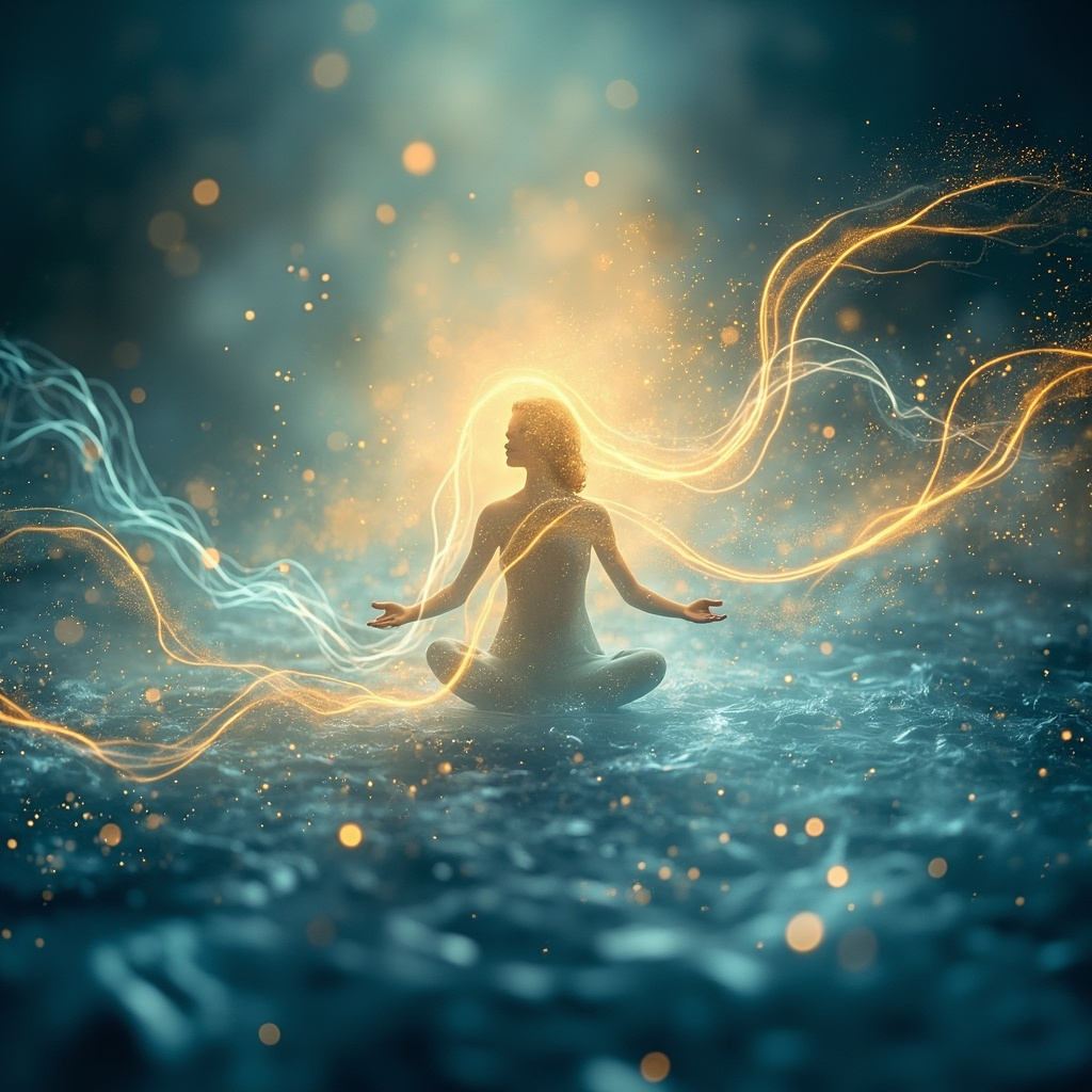 A serene, abstract representation of light waves harmonizing with a human silhouette, soft blue and golden tones, high quality, meditative atmosphere.