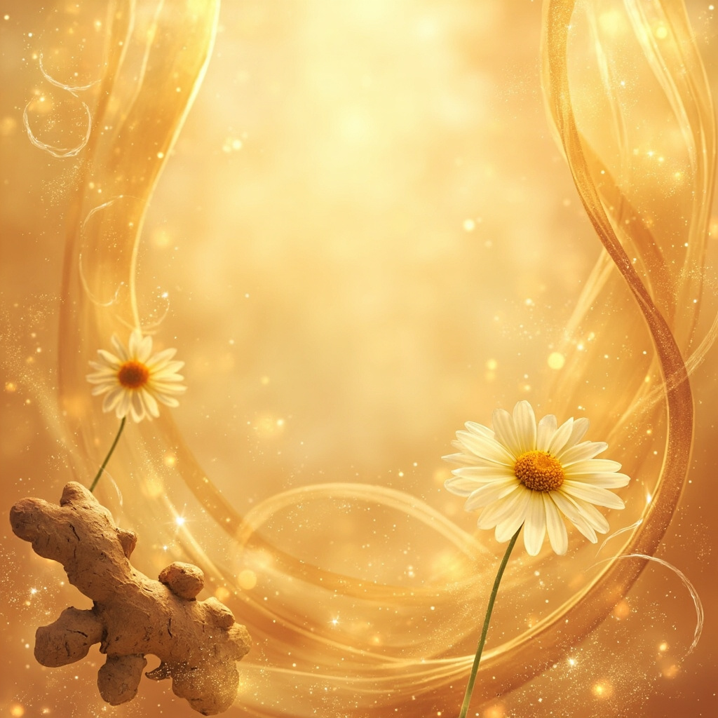 A serene, abstract representation of digestive wellness, featuring soft, flowing golden light patterns and gentle botanical illustrations like ginger root and chamomile flowers to evoke a sense of healing and internal balance.