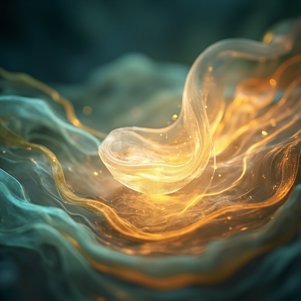 A calm, abstract representation of flowing energy waves interacting with a soft, glowing organic structure, symbolizing inner harmony and digestive balance.