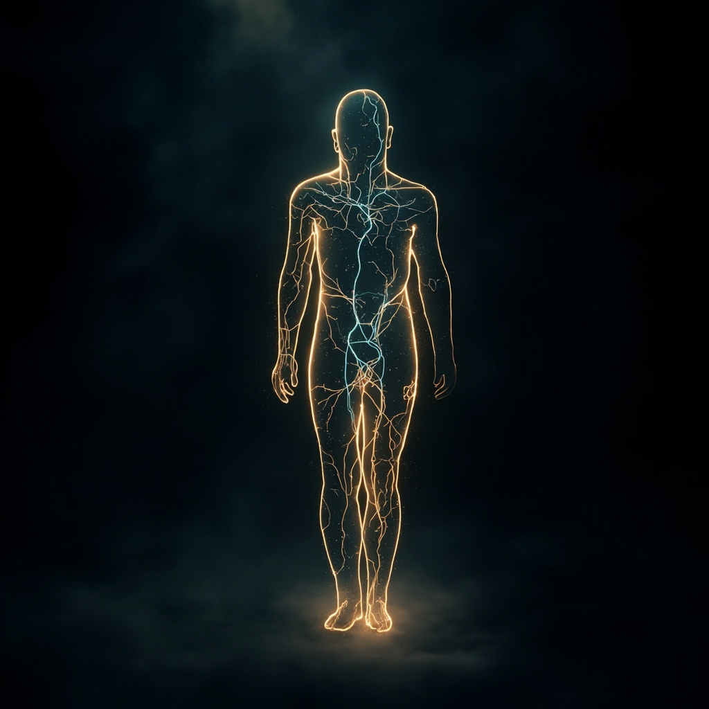 A serene, artistic representation of glowing, interconnected light pathways within a human silhouette, symbolizing the elegance of the vascular system and fluid movement.