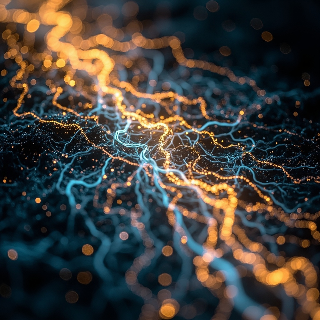 A calming, artistic representation of light-filled, flowing pathways within the human body, with soft golden and blue hues signifying circulation, vitality, and inner balance, high quality, professional photography style.