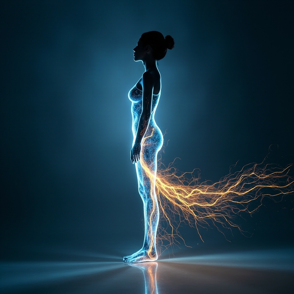 A conceptual, artistic representation of glowing, fluid energy pathways flowing through a human silhouette, soft blue and gold light, professional and calming aesthetic.