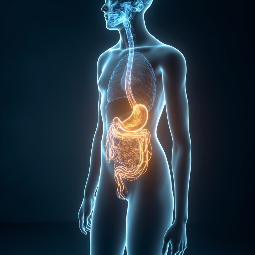 A serene, abstract representation of the human body with glowing, harmonious energy pathways flowing through the digestive area, soft blue and golden light, professional and calming aesthetic.