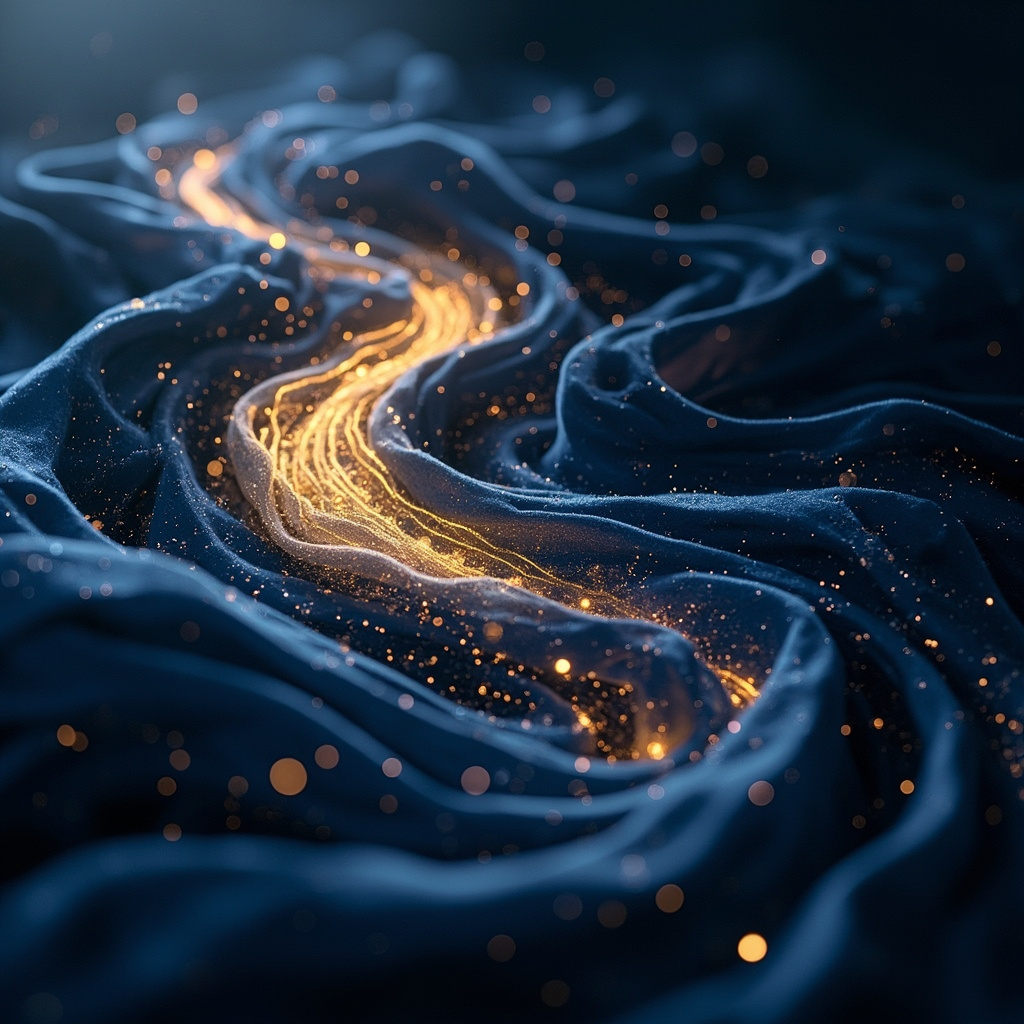 A calm, abstract representation of flowing golden light harmonizing with deep blue intestinal energy patterns, professional and serene.