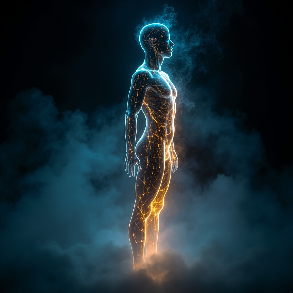 A serene, artistic representation of a human silhouette with glowing, harmonious energy lines flowing through the muscle groups, soft blue and golden light, high resolution, professional photography style.