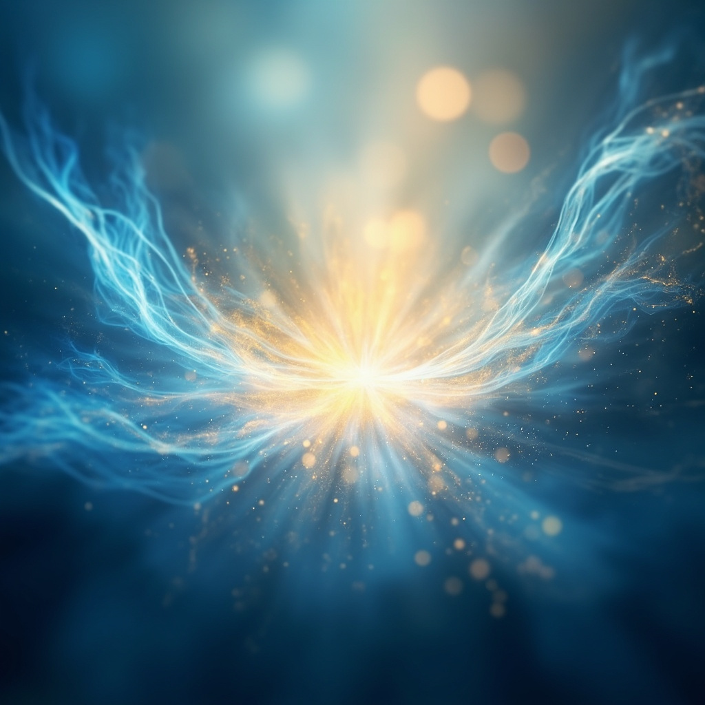 A serene, abstract representation of light and energy flowing through the chest area, promoting a sense of openness, calm, and deep breathing, soft blue and golden tones, professional and soothing style.