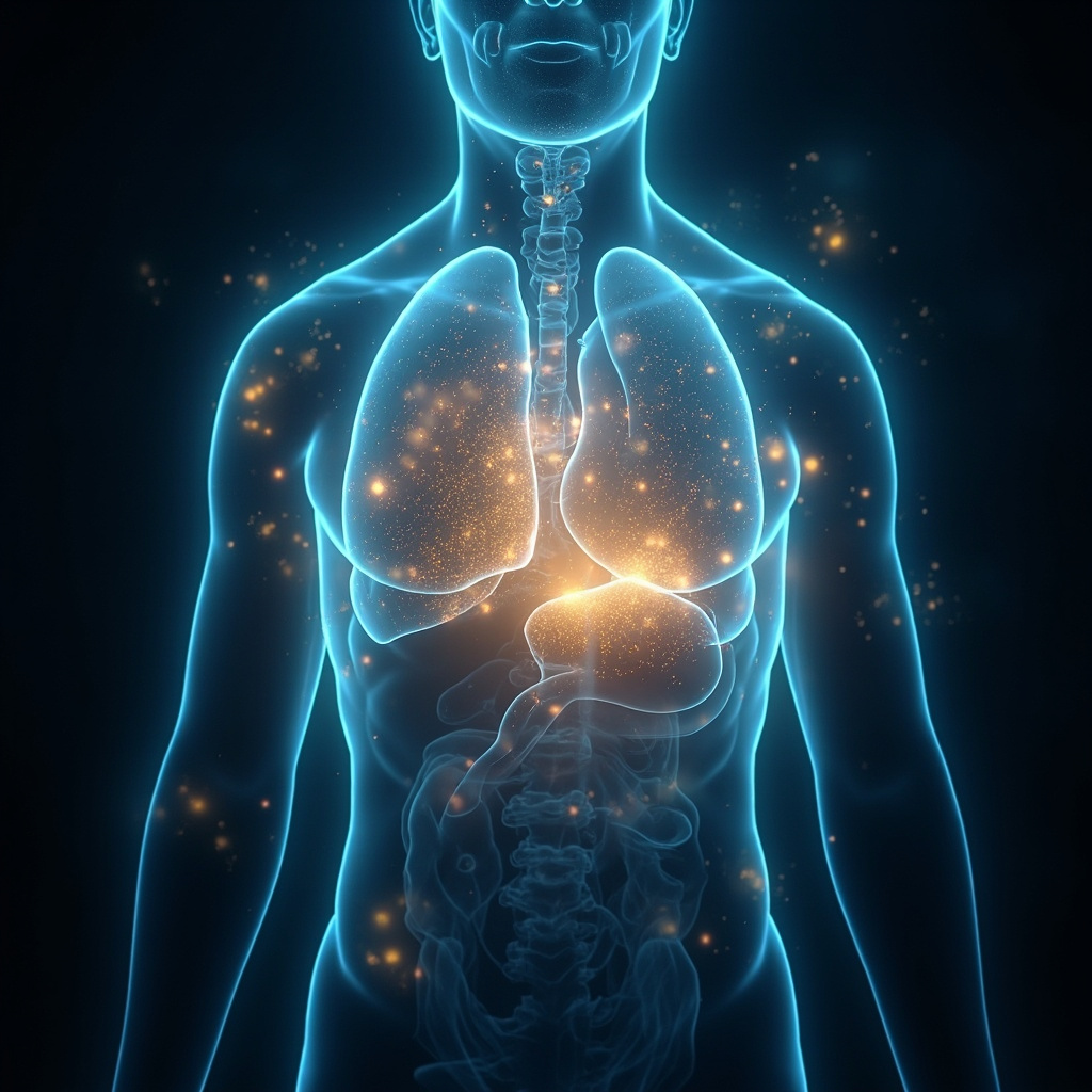 A calming, ethereal representation of human energy fields surrounding the liver area, soft blue and golden light, high resolution, professional, zen-like aesthetic.