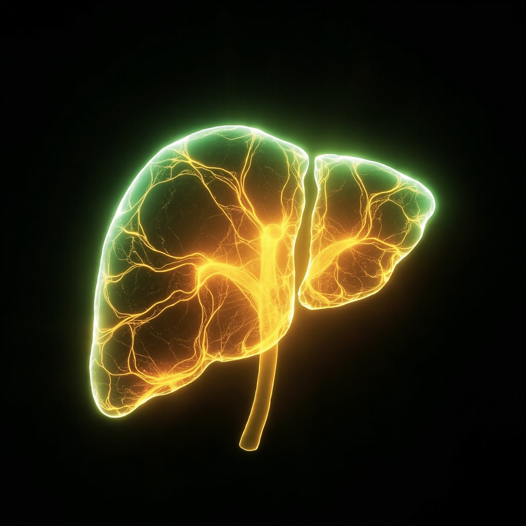 A serene, abstract representation of the liver as an energy center, glowing with soft, harmonious light, symbolizing balance and renewal, professional style.