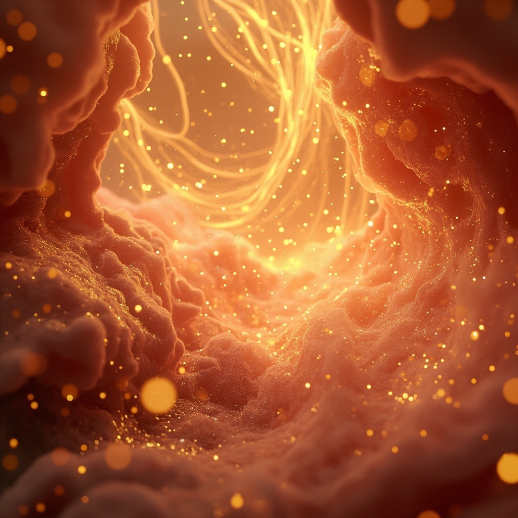 A serene, abstract representation of the human gut environment with soft, glowing light patterns representing energy restoration.