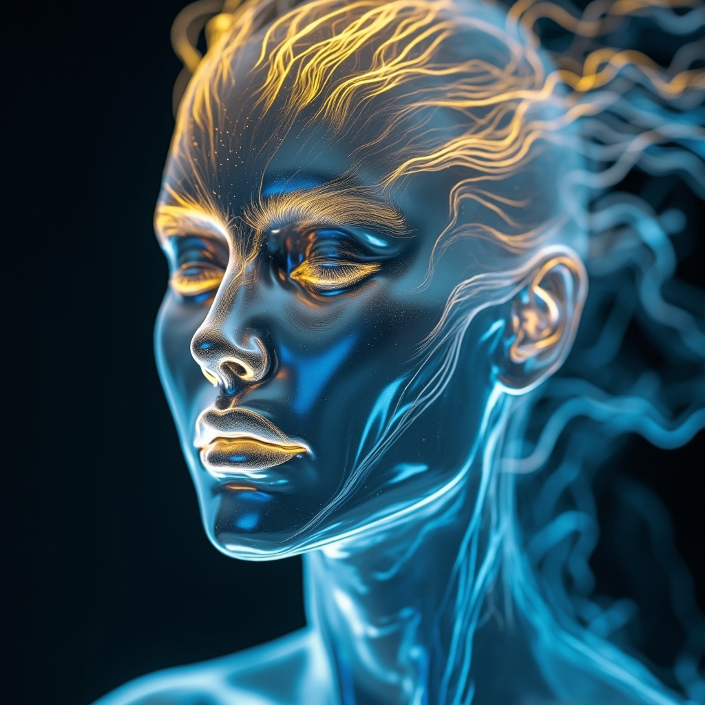 A serene, abstract representation of light and fluid energy moving through the facial structure, soft blue and gold tones, high resolution, peaceful atmosphere.