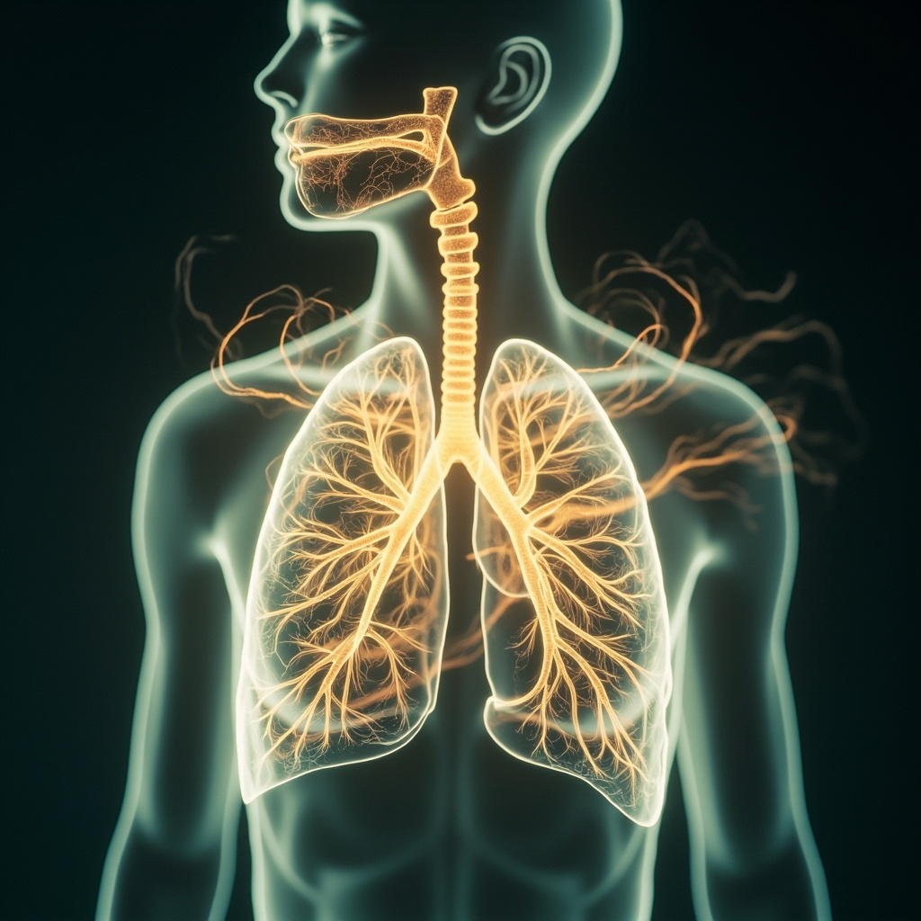 A serene, artistic representation of the human respiratory system with soft, luminous light glowing around the throat area, surrounded by whispers of aromatic botanical vapors.