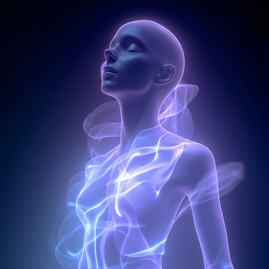 A serene, abstract representation of calm energy waves flowing through a human silhouette, soft blue and lavender tones, high resolution, cinematic lighting.