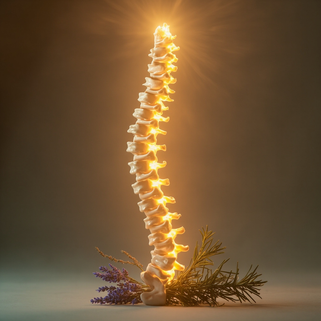 A serene, artistic representation of the human spine glowing with soft, warm light in the center, surrounded by subtle botanical elements like lavender sprigs and cedarwood branches, conveying a sense of stability, grounding, and natural healing.