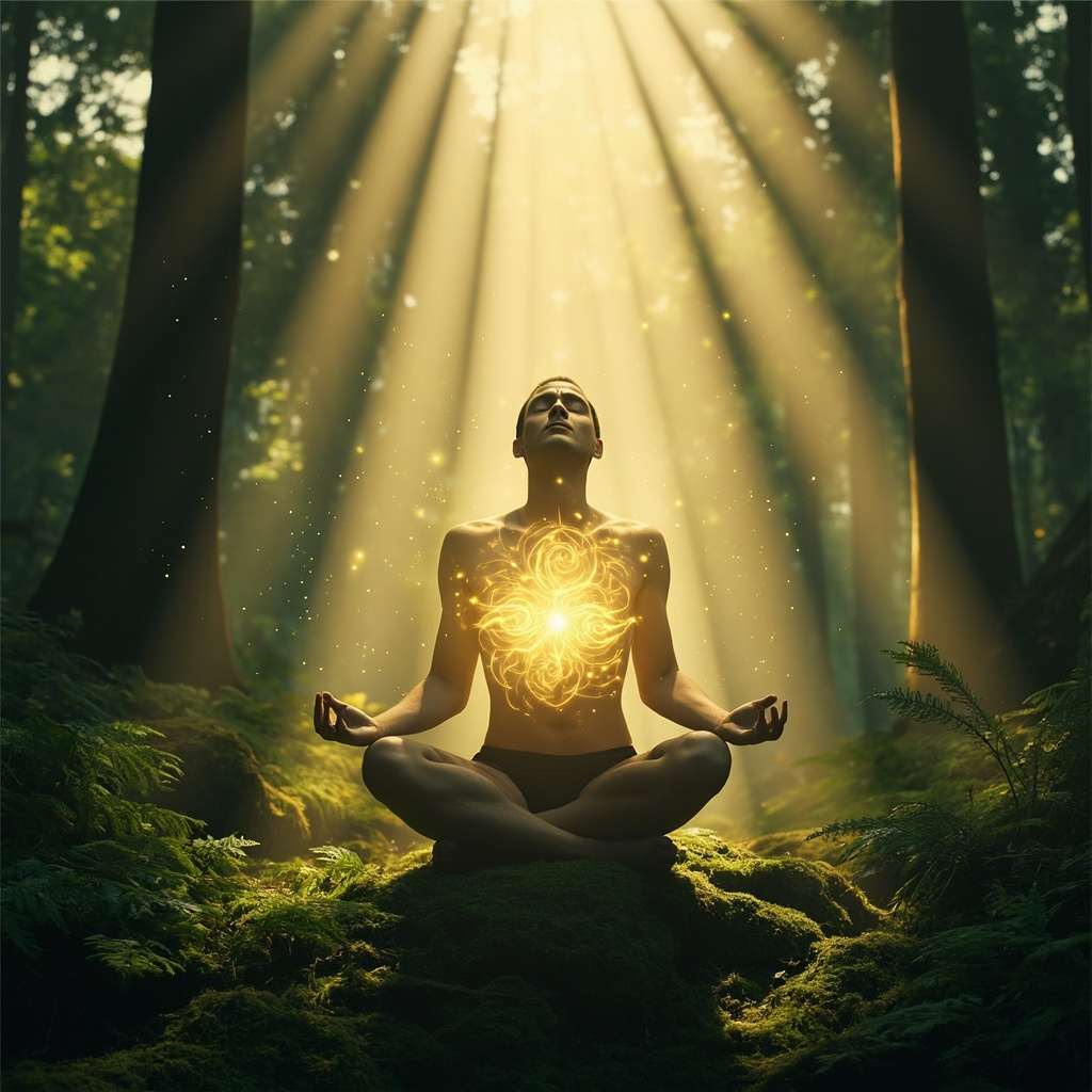 A serene, artistic representation of a person breathing deeply in a forest, with soft, glowing golden light patterns surrounding the chest area to symbolize energetic flow and harmony.