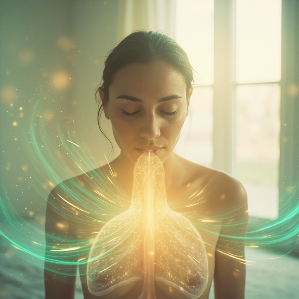 A serene, artistic representation of a person breathing deeply in a soft, light-filled room with a gentle, glowing energy pattern surrounding the chest and throat area, symbolizing harmony and respiratory health.