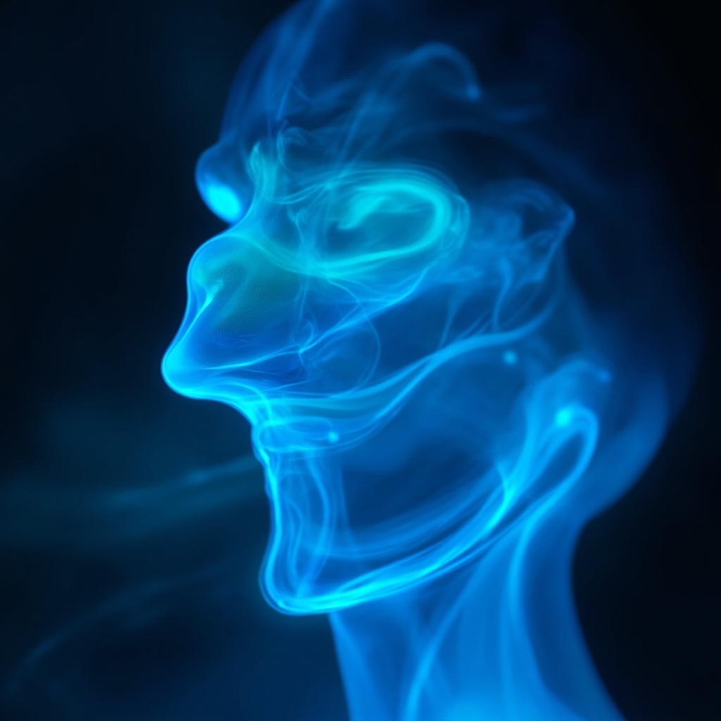 A serene, abstract representation of clear, glowing blue energy flowing through the sinus area, symbolizing breath and relief.