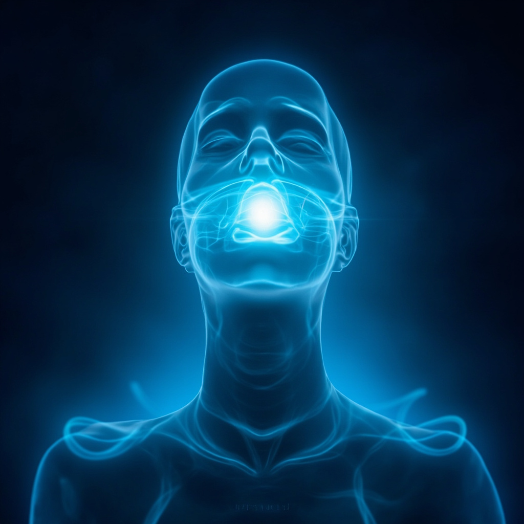 A serene, artistic representation of a glowing, balanced throat area with soft, flowing light patterns symbolizing energy harmony.