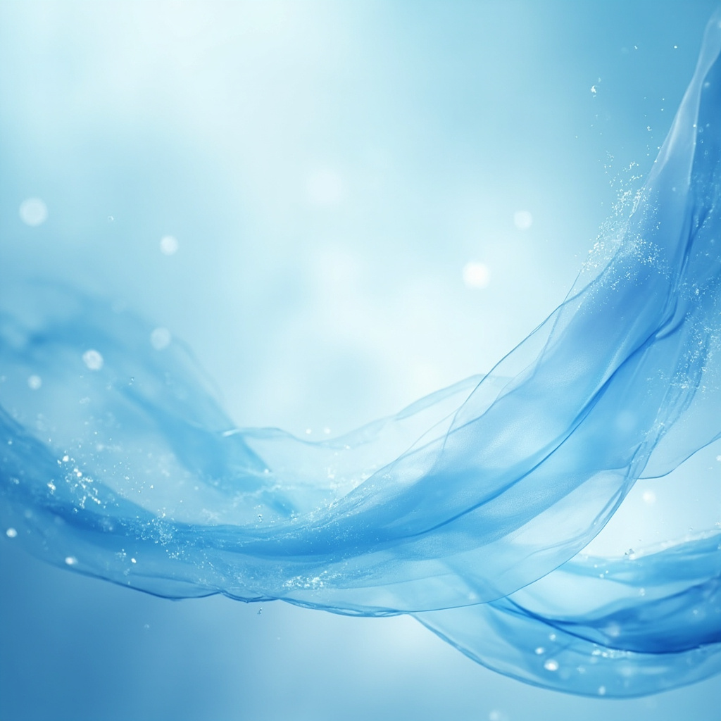 A serene, abstract representation of light, air, and flowing energy waves in soft blue and white tones, symbolizing calm, deep breathing and clarity.