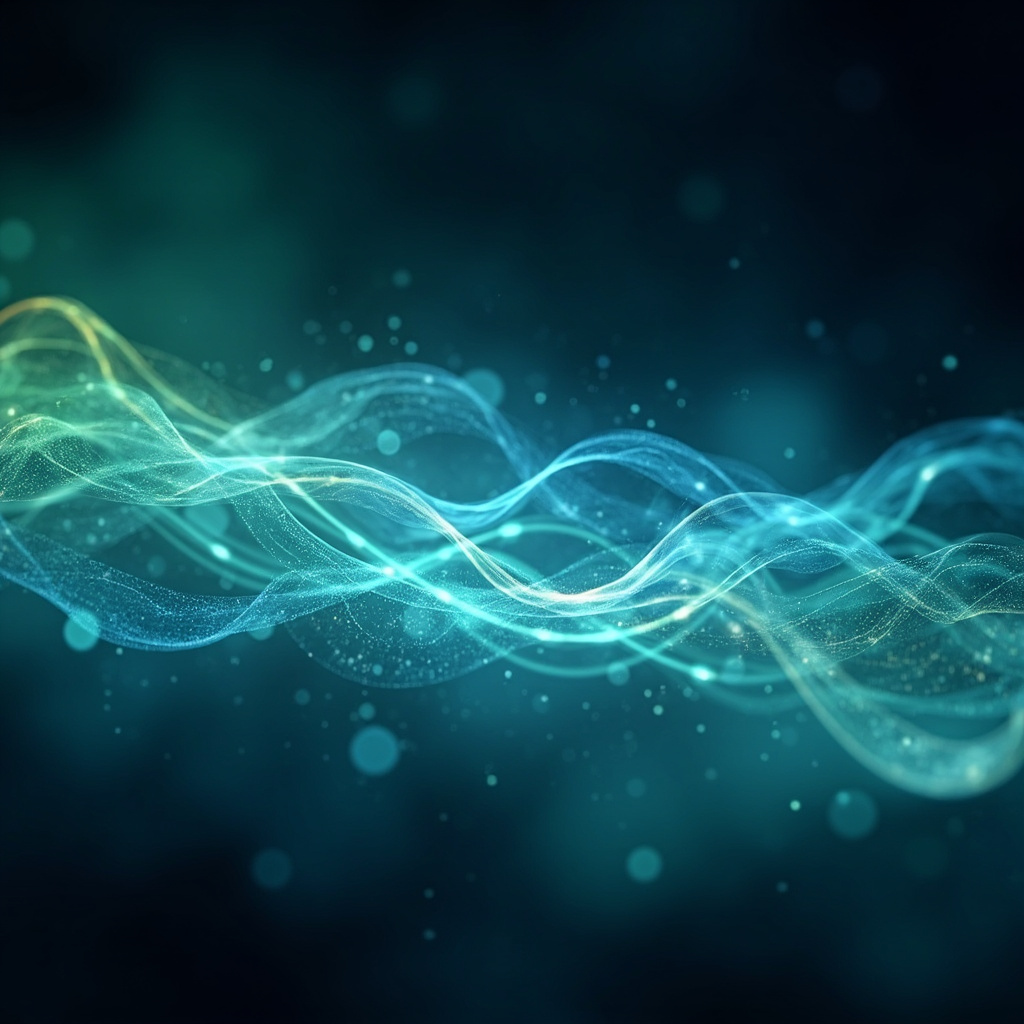 A serene, abstract representation of flowing light patterns connecting the gut area to the brain, symbolizing the mind-body energy connection, soft blue and green tones.