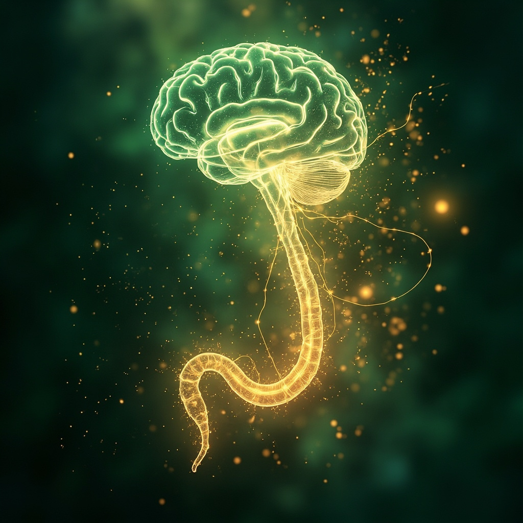 A calming, ethereal image showing a stylized representation of the gut-brain connection, with soft, flowing light patterns in shades of green and gold, symbolizing harmony and inner balance.