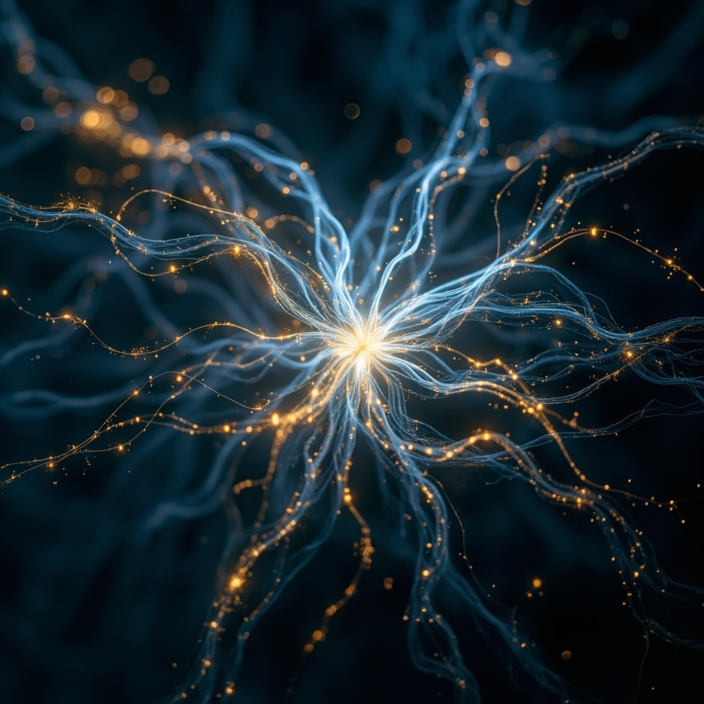 A calm, glowing abstract representation of a human nervous system in soft blue and gold light, symbolizing harmony and electrical balance.