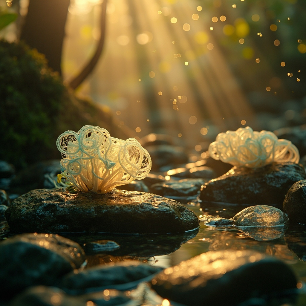 A serene, artistic representation of a balanced microbial ecosystem, featuring soft light, natural textures like smooth stones, and a gentle mist of essential oils, symbolizing harmony and inner calm.