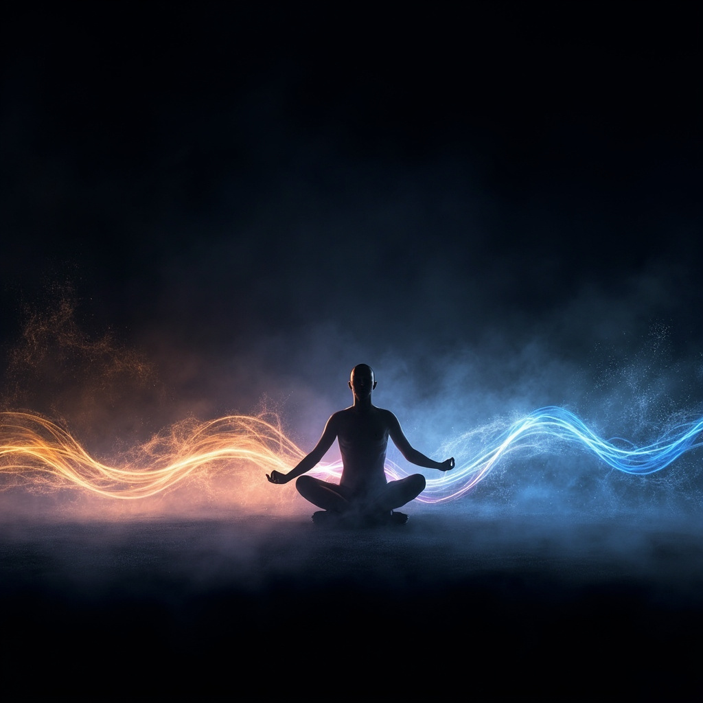 A serene, abstract representation of a human silhouette surrounded by soft, glowing light waves and delicate botanical elements like sage leaves, symbolizing the harmony between frequency and nature.