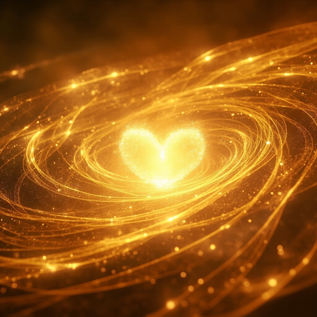 A serene, abstract artistic representation of a glowing, rhythmic heart center surrounded by soft, flowing golden light waves, symbolizing balance and harmony.