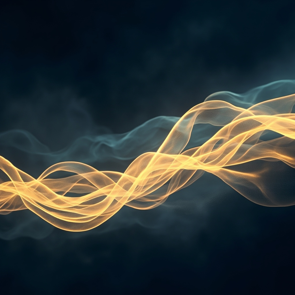 A serene, abstract representation of soft, flowing light waves in deep indigo and gold colors, symbolizing the transition into a meditative state.