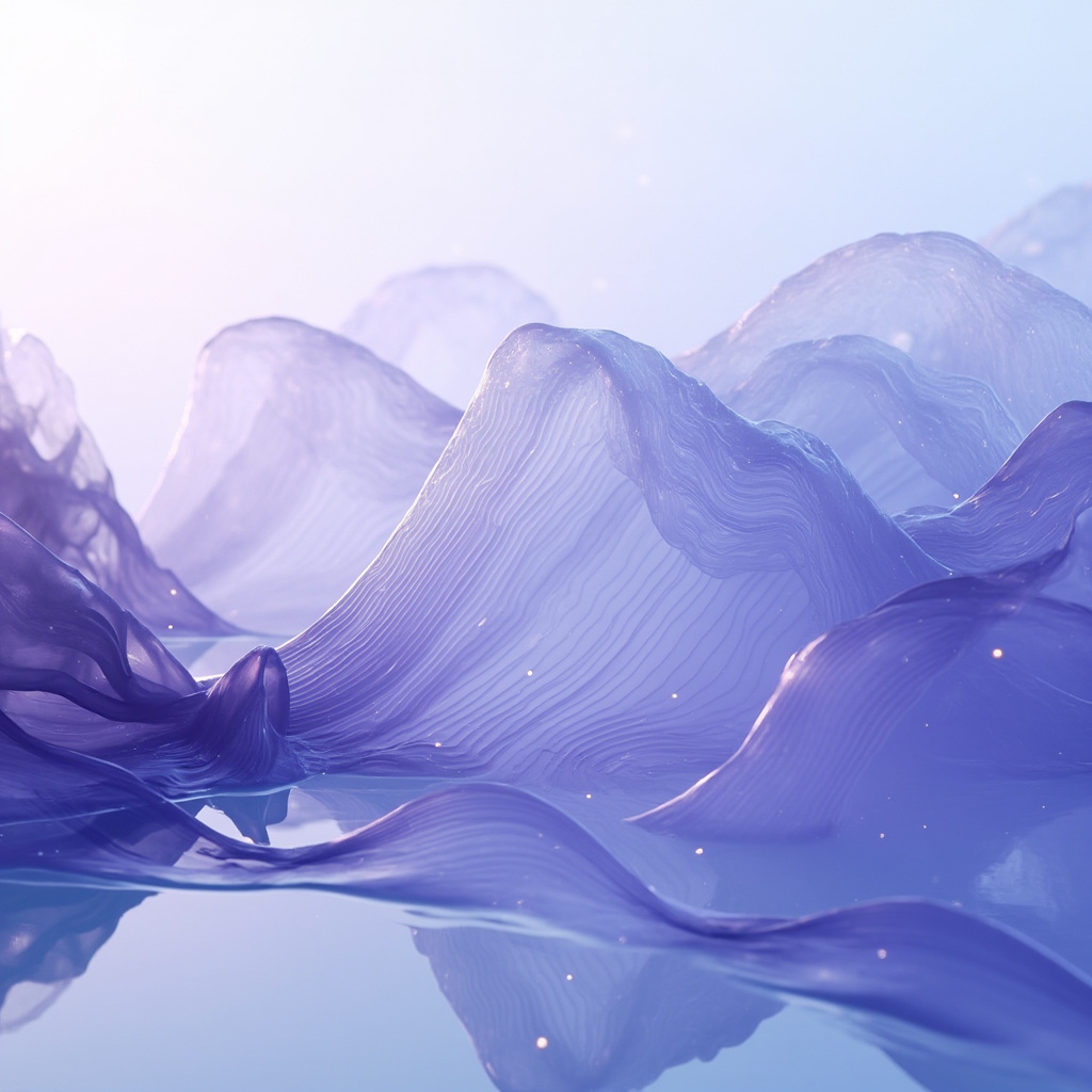 A serene, abstract representation of rhythmic, flowing waves transitioning from a chaotic state to a calm, unified pattern in soft blue and lavender tones.