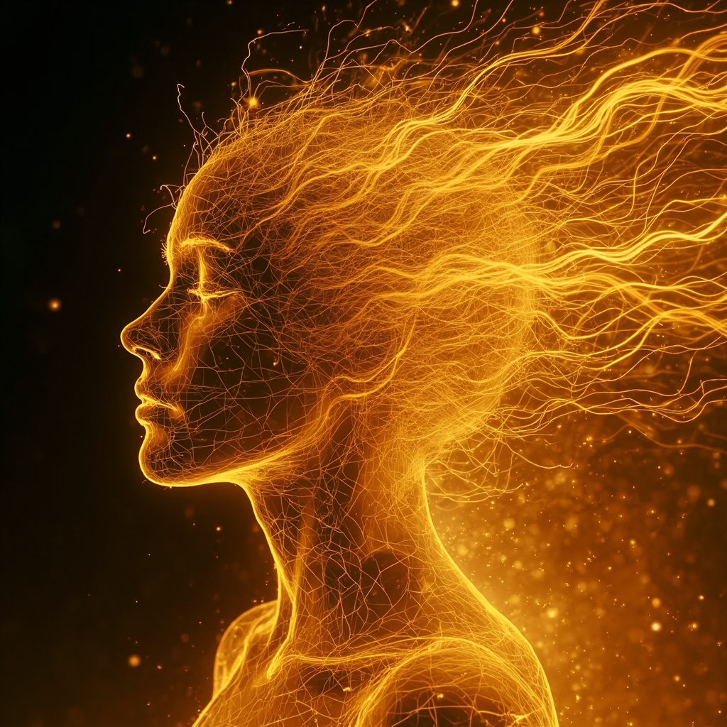 A serene, abstract representation of flowing light waves transitioning from chaotic, jagged lines into smooth, harmonious golden ripples in a human silhouette.