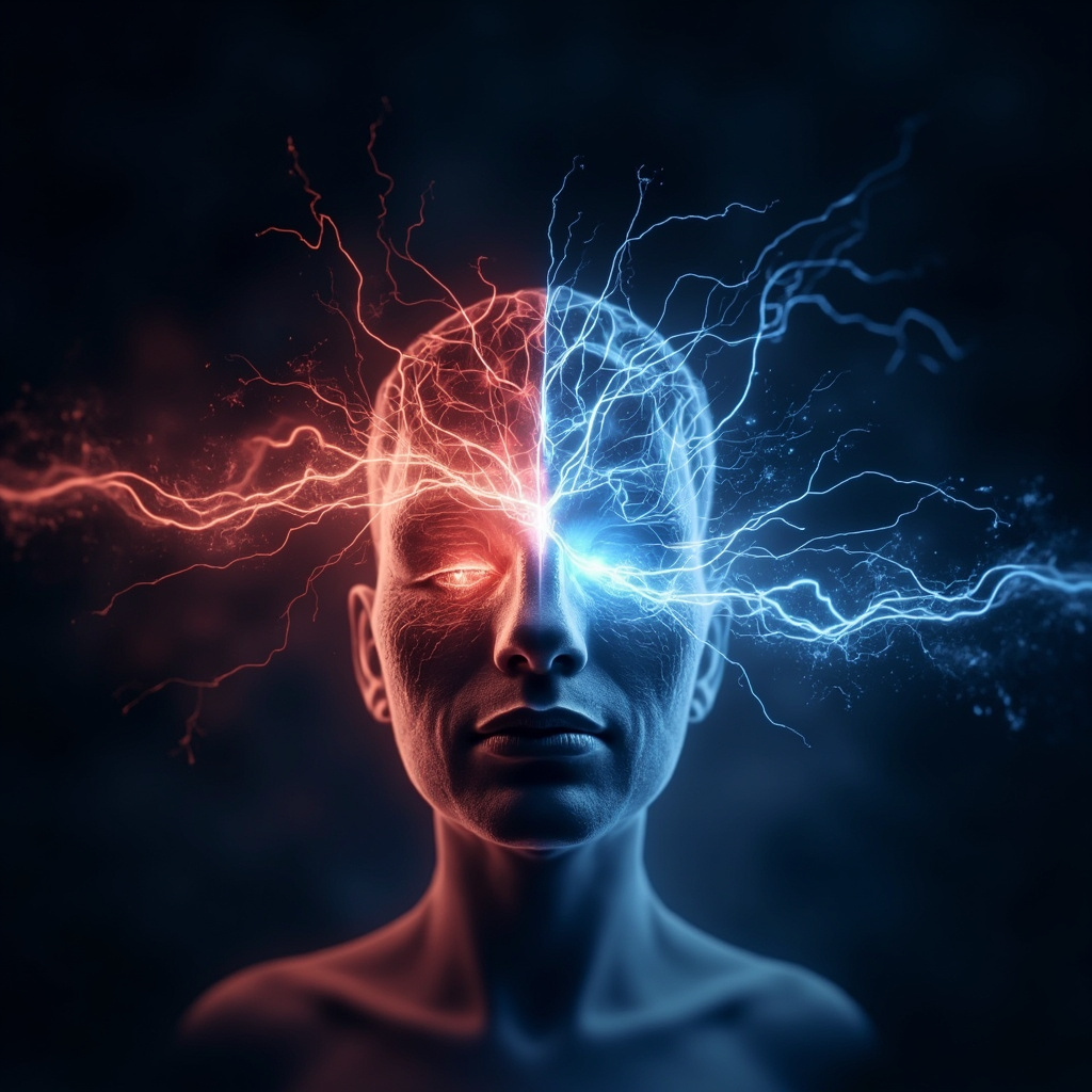 A calm, abstract representation of a glowing nervous system transitioning from a chaotic red to a peaceful, balanced blue, soft lighting, professional and soothing atmosphere.