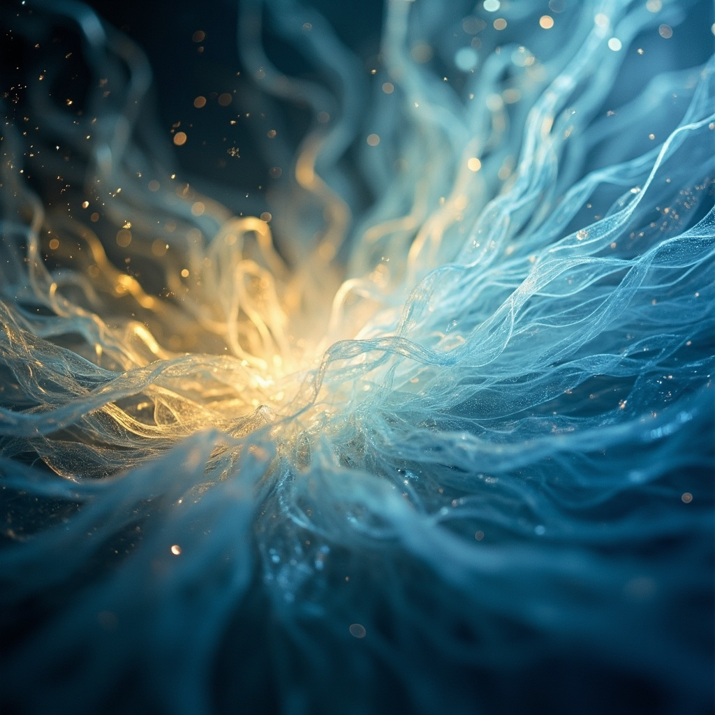 A serene, abstract representation of light and flow, visualizing the concept of breath expanding within the lungs, soft blue and golden tones, high quality, meditative atmosphere.