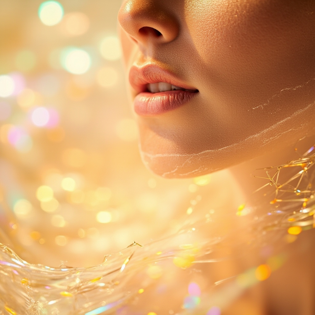 a soft, artistic close-up of healthy, glowing skin with abstract light waves and golden geometric patterns in the background, representing harmony and energy flow