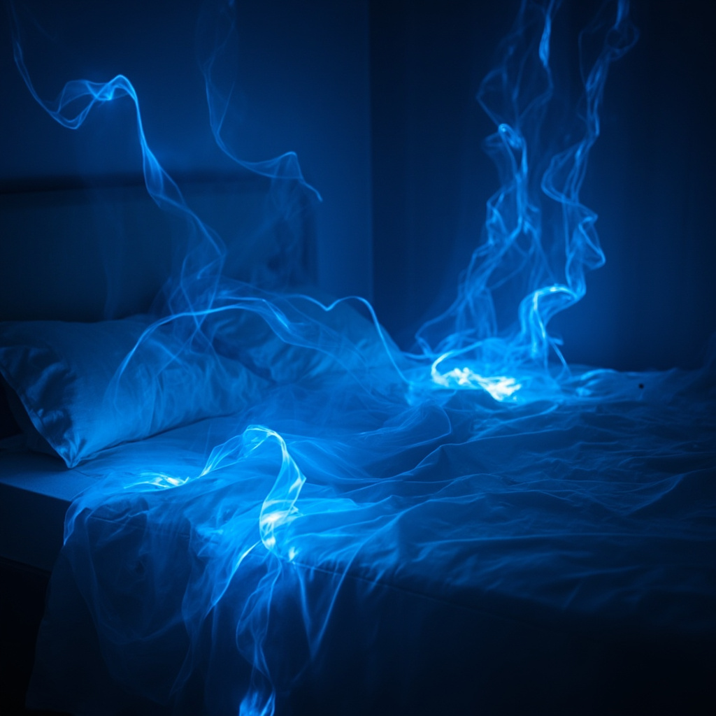 A serene, dimly lit bedroom scene with soft, ethereal blue light patterns representing gentle, rhythmic breathing and energetic balance.