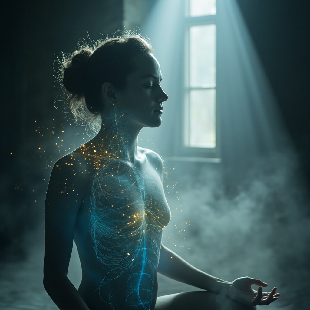 A calming, ethereal image of a person breathing deeply in a soft, moonlit room, with subtle glowing lines of light representing the flow of energy through the body.