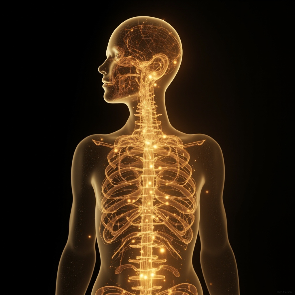 A high-quality, calming image of a human silhouette with soft, glowing golden light patterns circulating through the nervous system, representing harmonious electrical flow.